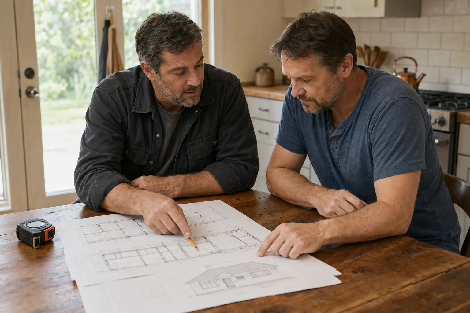 A builder walking a homeowner through project plans