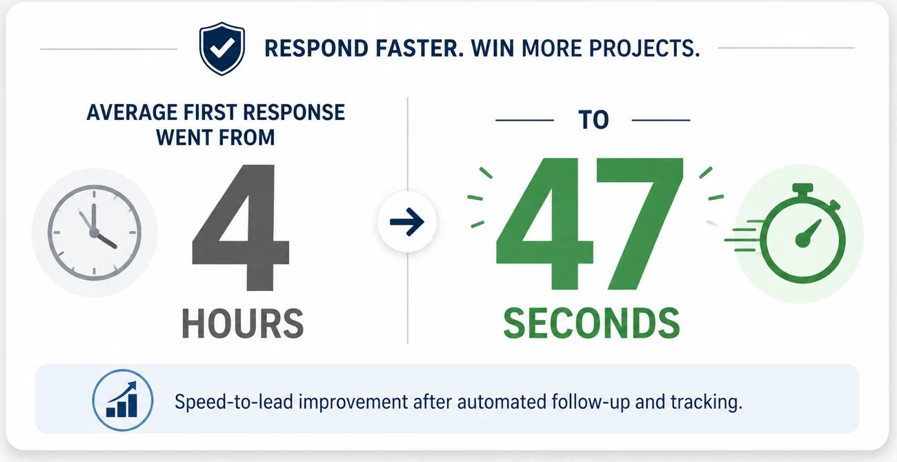 Average first response improved from four hours to forty-seven seconds after automated follow-up was installed
